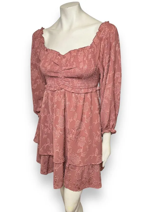 Pink Lily | Textured Floral Long Sleeve Cinched Bust Smocked Mini Tiered Dress L - Image 14