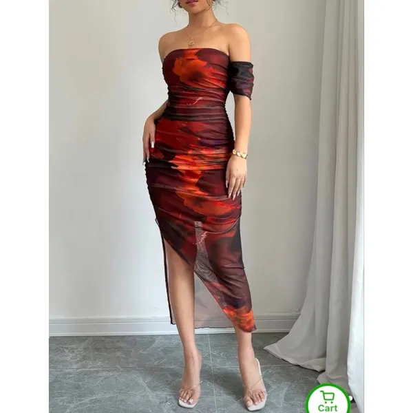 NEW Off-Shoulder Bodycon Ruched Slit Midi Dress L - Image 6