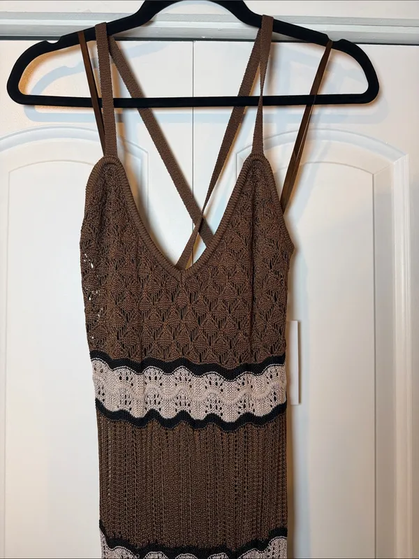 Torn by Ronny Kobo Brown Crochet‎ Maxi Dress with Cream Panels M NWT - Image 3