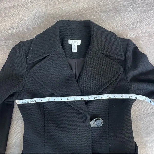 LOFT Ann Taylor Women’s Coat Wool Blend Black Textured Tie Size 4 Mid Length - Image 11