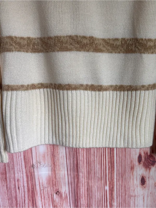 Vintage Jones Wear Cream Crewneck Tan Floral Print Striped Sweater Size M - Image 9