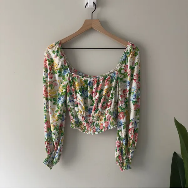 AFRM Revolve Sophie Smocked Top Floral Long Sleeve Square Neck Colorful Spring S - Image 3