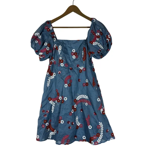Let Me Be Anthropologie Laurel Floral Embroidered Mini Dress Blue Puff Sleeve XS - Image 3