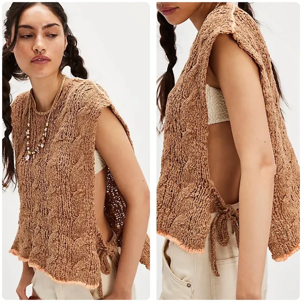 Free People Womens Arlo Knit‎ Praline Combo Boho Festival Side Tie Top Size S - Image 2