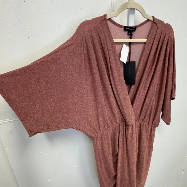 NWT Gibsonlook Rose Gold Metallic Knit V-Neck Dolman Sleeve Midi Dress‎ Stretch - Image 8
