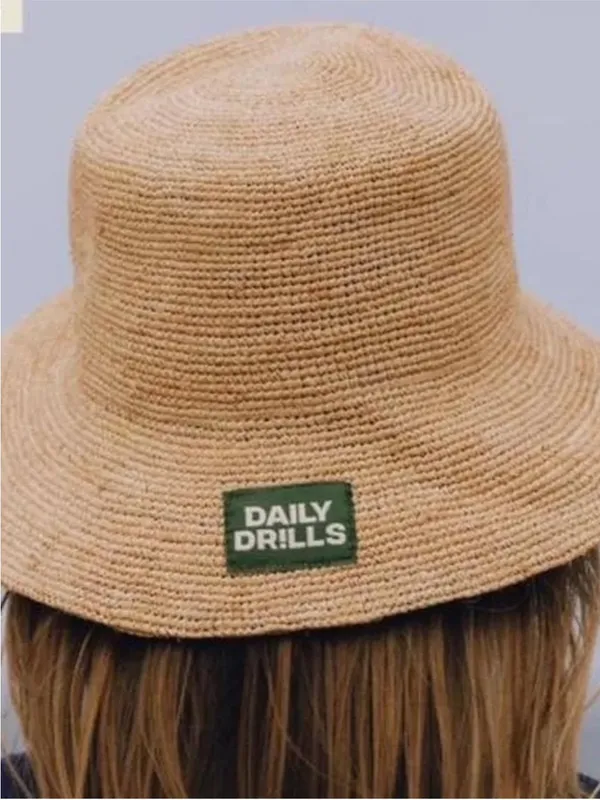 Daily Drills Summer Beige Straw Bucket Hat with Green Logo Patch - Image 2