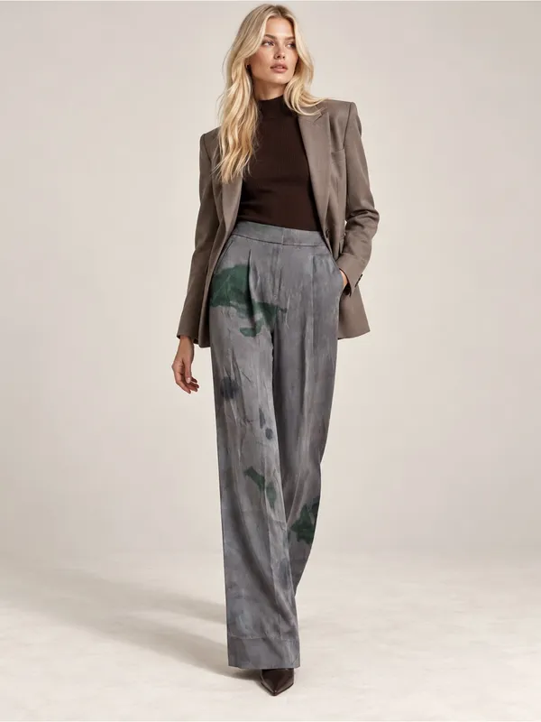 Veronica Beard 0 Robinne Wide Leg Pleated Trousers Gray Green Watercolor Artwear - Image 3