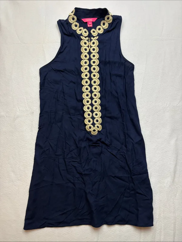 Lilly Pulitzer size 2 Navy Sleeveless Shift Dress xs Gold Decorative Placket - Image 2