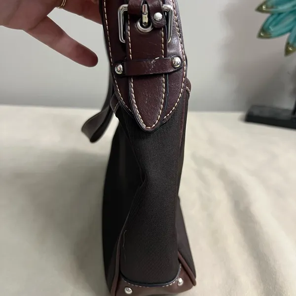 🤎 Etienne Aigner Brown Leather & Canvas Shoulder Bag | Classic Buckle Hobo - Image 4