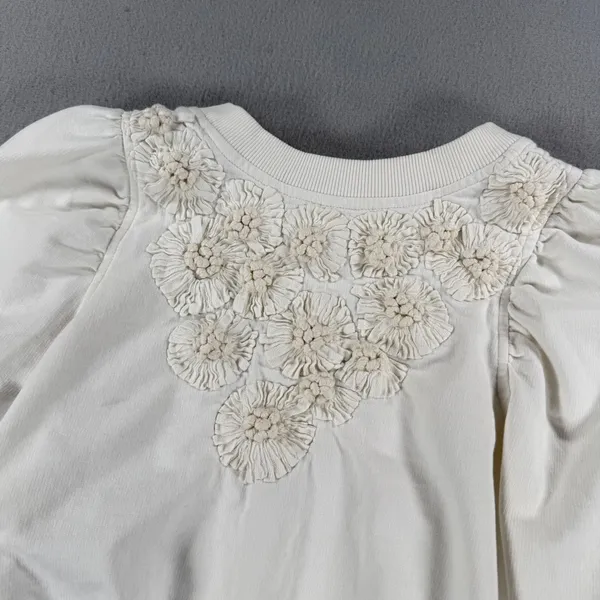 Anthropologie Floral Applique Puff Sleeve Sweatshirt Cream Cotton S - Image 2