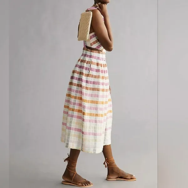 Maeve Anthropologie Ombré Plaid Midi Sundress Pink Orange White Women’s Size 2 - Image 4