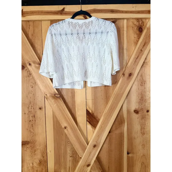 Vtg 90s Y2K Cream Crochet Knit Pointelle Cropped Cardigan Sweater Shrug Med - Image 2