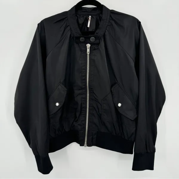 FREE PEOPLE Black Midnight Satin Full Zip Oversized Bomber Jacket L - Image 8