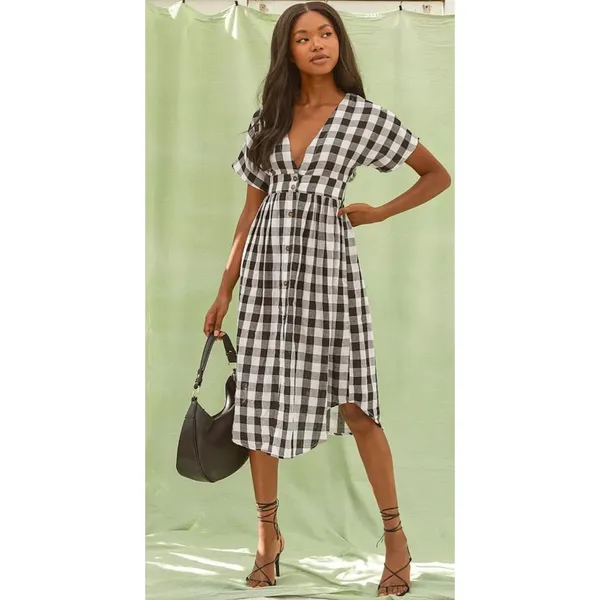 Lulus Checks Out Black‎ White Gingham Button Front Midi Dress Small - Image 3