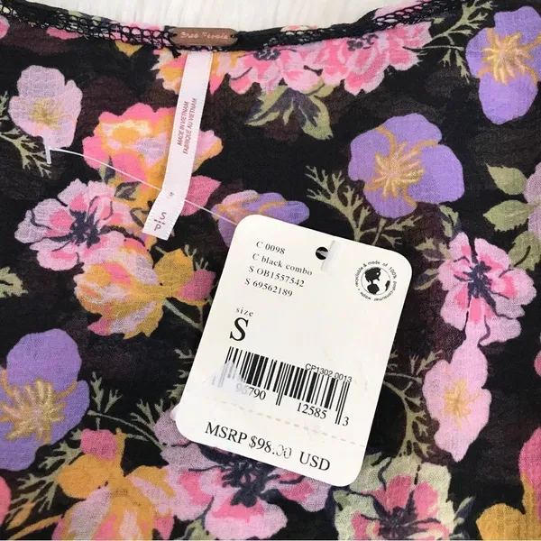 FREE‎ PEOPLE Maybel Sheer Floral Tie Front Peplum Top Crop Black Pink Small New - Image 6