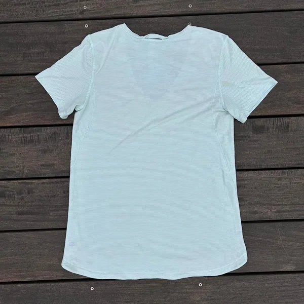 Light Green Lululemon Striped Mesh V-Neck Short Sleeve Shirt - Image 4
