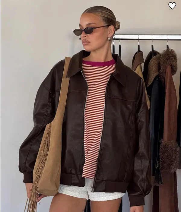 Princess Polly Goldsmith Faux Leather Bomber Jacket Brown - Image 2