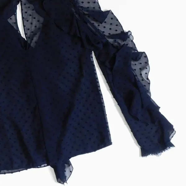NICHOLAS Navy Blue Swiss Dot Cutout Cold Shoulder‎ Top Blouse Ruffle Size 0 - Image 9
