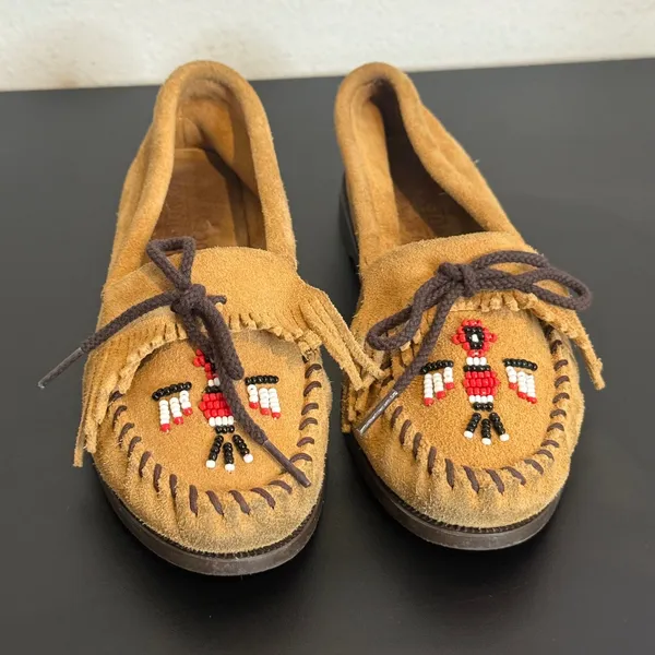 Minnetonka Thunderbird Suede Moccasins Womens 7.5 Beaded Fringe Loafers Flats - Image 2