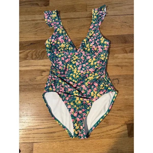 Floral Ruffle V-Neck One Piece Swimsuit‎ Teal Pink Yellow Ruched Low Back small - Image 6