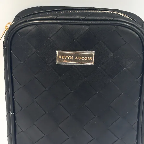 Kevyn Aucoin Woven Makeup Bag Black Faux Leather Travel Case Gold‎ Hardware NEW - Image 9