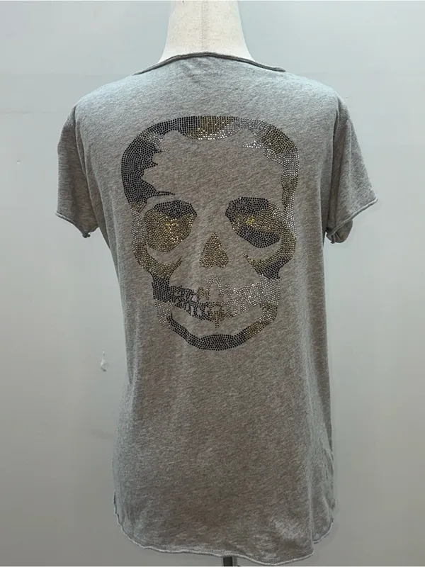 Zadig & Voltaire Gray Woman’s T-Shirt with Metallic Camo Skull Size Lg - Image 2
