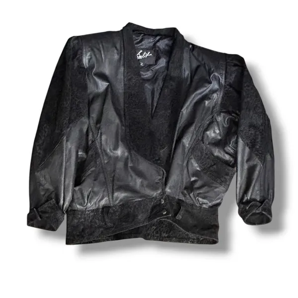 Vintage 80s Black Leather Jacket Suede Embossed Oversized Batwing Belted Moto - Image 14
