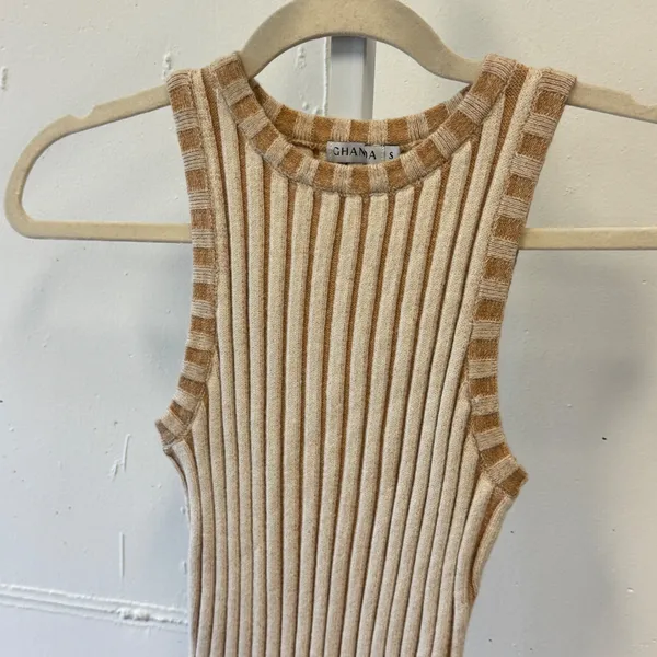 Ghanda Boutique Ribbed Knit Mini Dress Tan Cream Striped Bodycon Sleeveless Sm - Image 3