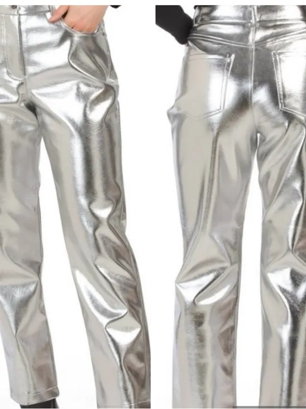 7 For All Mankind Silver Metallic Coated Straight‎ Leg Pants Size Medium NWT - Image 5