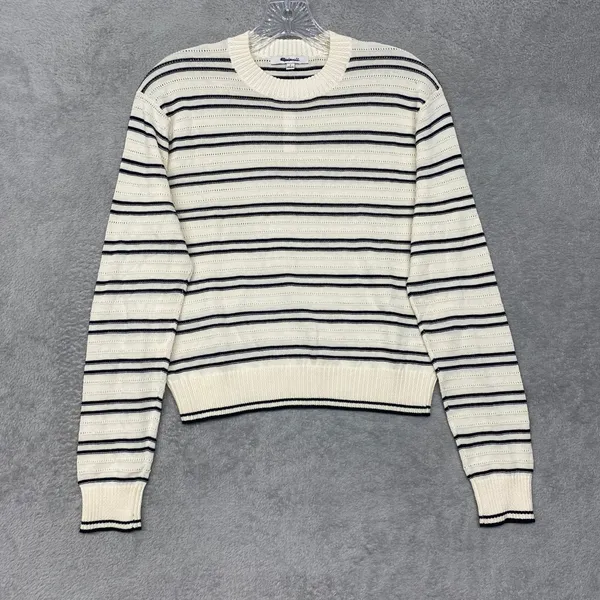 Madewell Sweater Small Striped Textured Stitch Cotton Crewneck Ivory Black NZ323 - Image 2