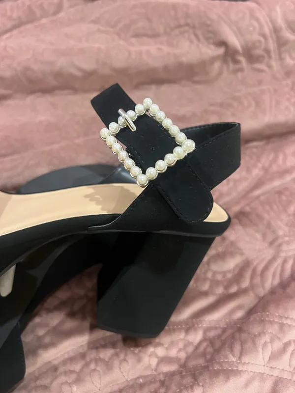Windsor Black Platform Block Heel Sandals with Pearl Buckle - Image 4