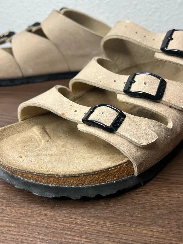 Birkenstock Birkis Tan Three Strap Slip On Florida Sandals Women’s 8 Men’s 6 - Image 5
