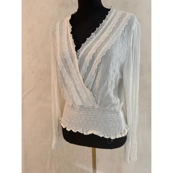 Selfie White Crochet Lace‎ Trim Smocked Waist Blouse XL Long Sleeve Boho Top - Image 11