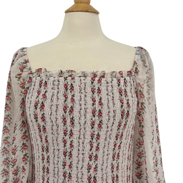 Aura‎ Floral Smocked Mini Dress Large Cream Red Square Neck Boho Cottagecore - Image 3