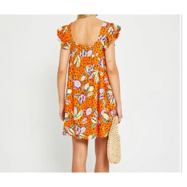 Anthropologie Kourt Aria Linen Tropical Short Dress Pockets Fruit Bird Medium - Image 5