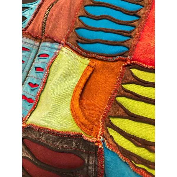 Rising International Patchwork Hoodie Women Large Multicolor Razor Cut Boho Zip - Image 4