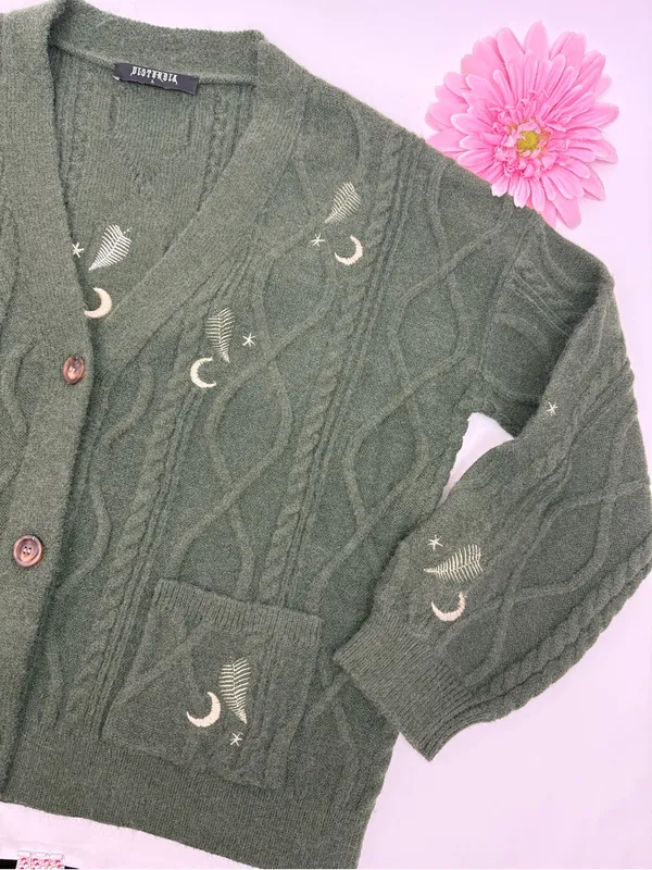 Disturbia Dianne Embroidered Cable Knit Cardigan Moon Star Fern Olive Green Knit - Image 10