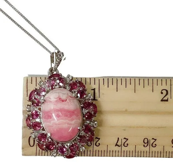 Sterling Silver 925 Oval Rhodochrosite + Rhodolite Pendant Necklace 20" Chain - Image 9