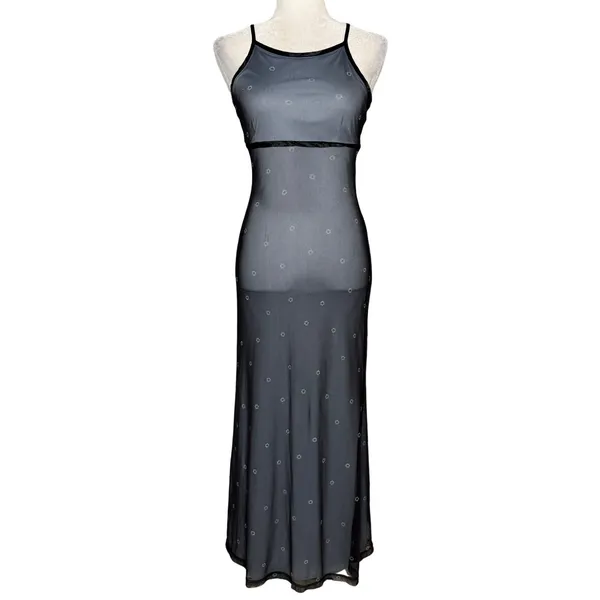Vtg 90s Mesh Overlay Column Maxi Empire Waist Dress 7/8 Fairy Grunge Whimsigoth - Image 6
