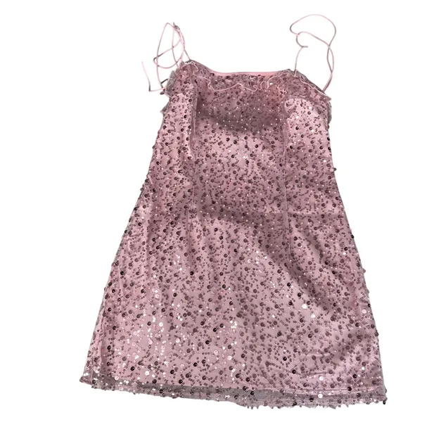 Edikted Pink Sequin Mini Dress‎ Open Back Lace Up Ruffle Trim Womens M NEW - Image 2