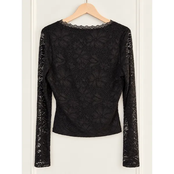 Princess Polly Black Floral Lace Wrap Top Size 10 NWT Ribbon Tie Long Sleeve - Image 5