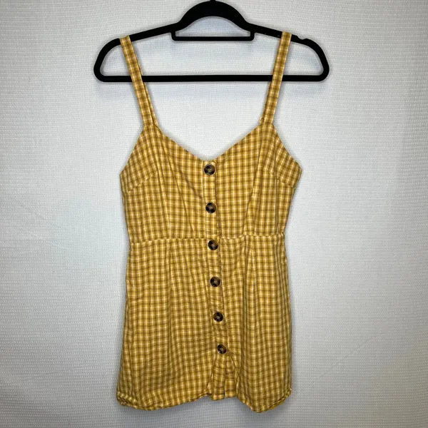 Superdown Yellow Plaid Button Front‎ Mini Dress Adjustable Straps Pockets Large - Image 2