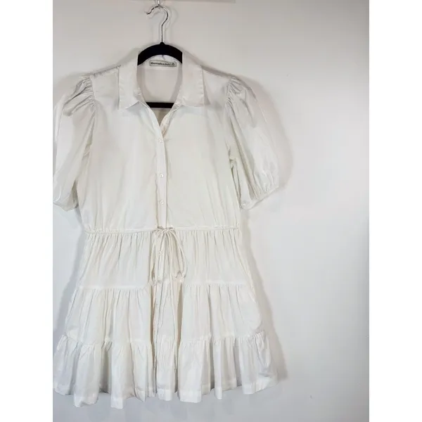 Abercrombie Fitch Dress White Puffed Poplin Mini Tiered Shirtdress Small Petite - Image 4