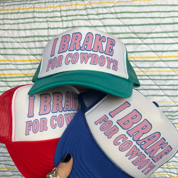 I Brake For Cowboys Trucker Hat Red - Image 4
