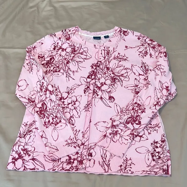 Basic edition size XL pink with red flowers button front cardigan GUC - Image 2