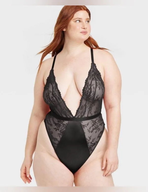 NEW Unlined Lace Lingerie Bodysuit Auden V Back Cotton Gusset Sheer Pull-On 2X - Image 2