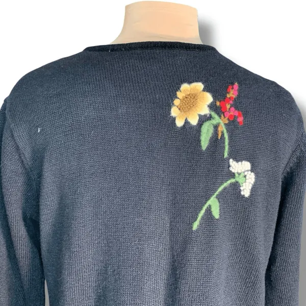 Susan Bristol Vintage Black Floral Embroidered Cotton Cardigan Dark Romance Knit Sweater - Image 6