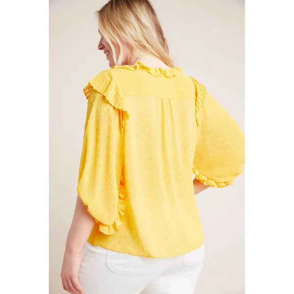 Anthropologie NWT 36R Haida Peasant Top Ruffled Swiss‎ Dot Blouse Mango Yellow M - Image 3