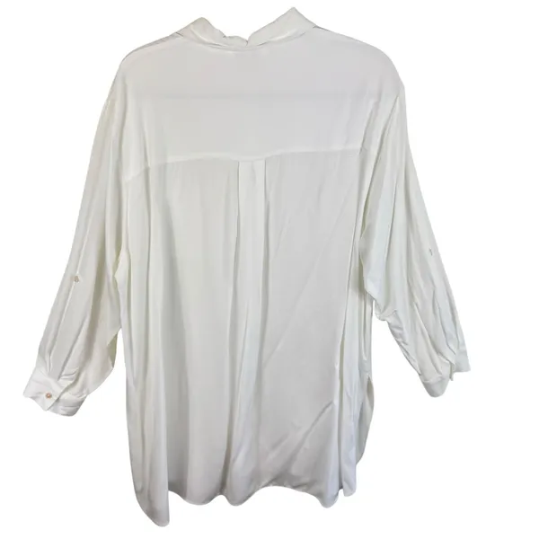 Rose + Olive White Long Roll Tab Sleeve Collared Lightweight Button Up‎ Tunic 1X - Image 2