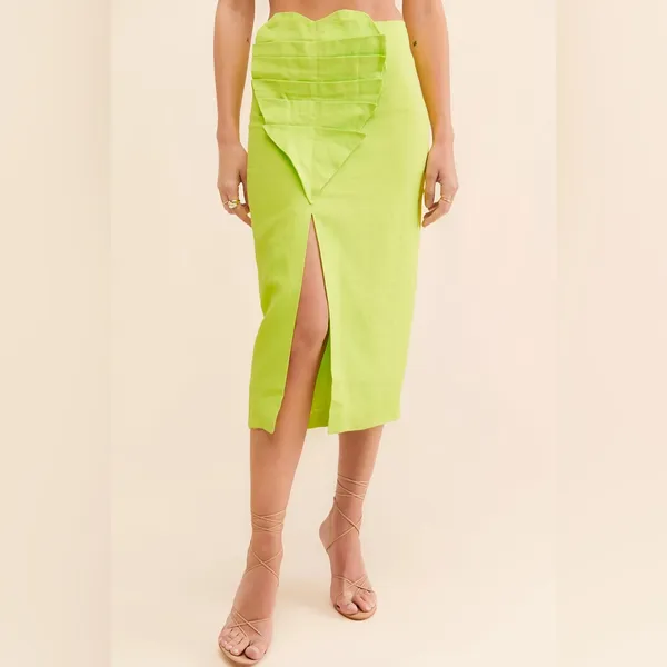 FARM Rio Mia 100% Linen Leaf Midi Skirt Neon Green - Image 8